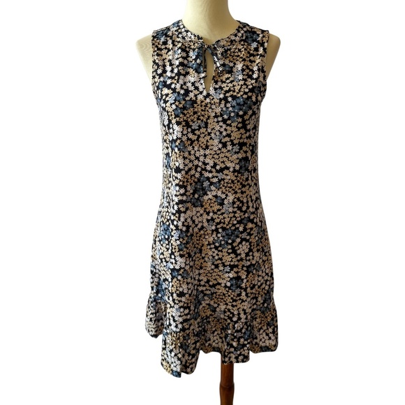 MICHAEL KORS DRESS TIE NECK JERSEY STRETCH BLACK WHITE DITZY FLORAL RUFFLE XS - Picture 2 of 12